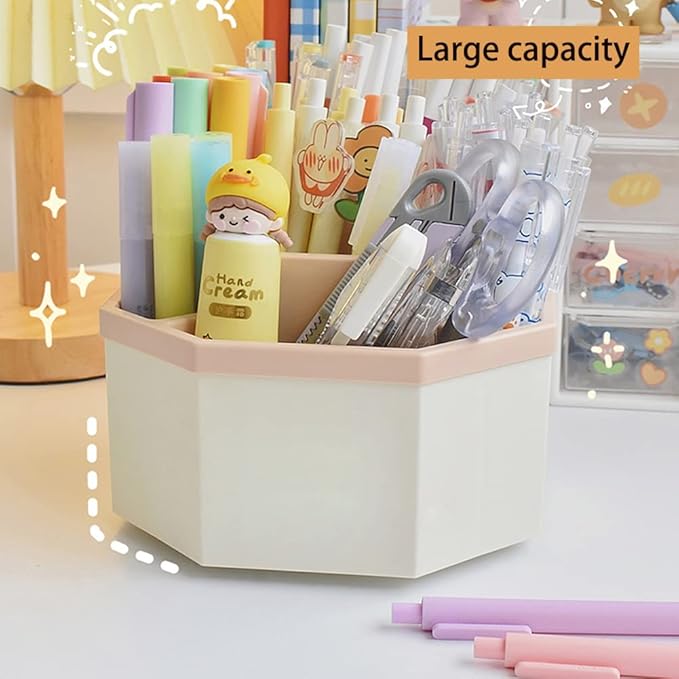 Desk Organizer, 360-Degree Rotating Multi-Functional Pen Holder, 5 Compartments Desktop Stationary Organizer, Home Office Art Supply Storage Box Caddy (White+Pink)