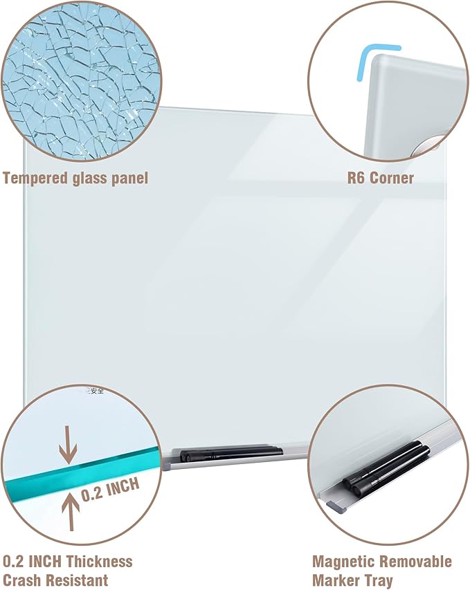 Magnetic Glass Whiteboard，48"x36" Wall Mounted Frameless Dry Erase Board for Office, Home & School White