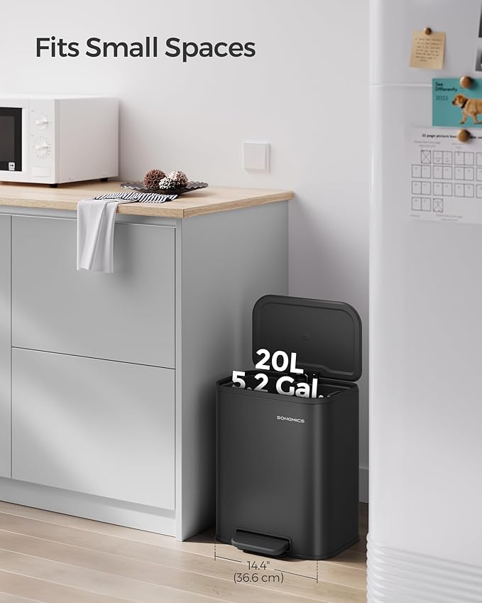 SONGMICS Kitchen Trash Can, 5.2-Gallon (20L) Garbage Can with Lid, Stainless Steel, Soft Close and Stays Open, Inner Bucket, Wide Non-Slip Pedal, Ink Black ULTB542B20