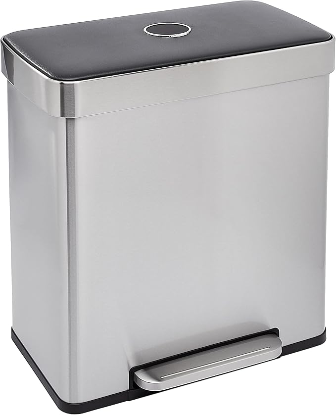 Amazon Basics Dual Compartment Recycling Trash Can with Soft-Close Lid and Removable Liner Buckets, 60 Liters, Rectangular, Grey, Silver