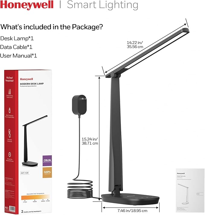 HONEYWELL Desk Lamp for Home Office, Dimmable LED Desk Light with USB A+C Dual Charging, 4 Modes Brightness Touch Lamp with Timer, Eye Caring Foldable Reading Light, Table Lamp for Study Nightstand