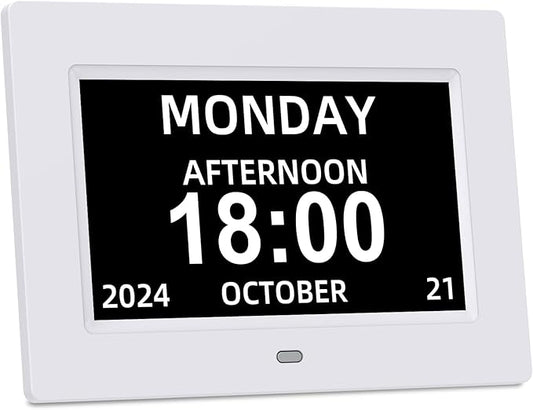 Digital Calendar Alarm Clock for Seniors - 7" Large Display with Day/Date, 12 Custom Alarms & Auto-Dimming | Medication Reminder, Dementia-Friendly Design, Easy Read (White)