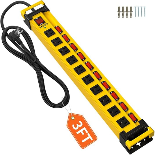 Plug'n 10 Outlet 3300J Surge Protector Power Strip with Individual Switches,Heavy Duty Metal Power Strip with Cord Manager,3FT/14AWG/15AMP/1875W Power Cord for Workshop,Garage