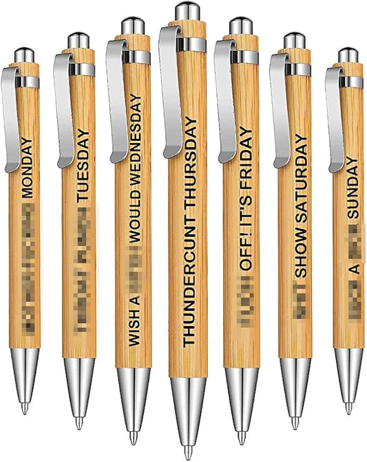 7-Piece Funny Bamboo Pen Set for Sarcastic Souls, Unique Days of The Week Mood Ballpoint Pens with Engraved Humorous Quotes, Excellent Gift for Office, Friends, and Coworkers