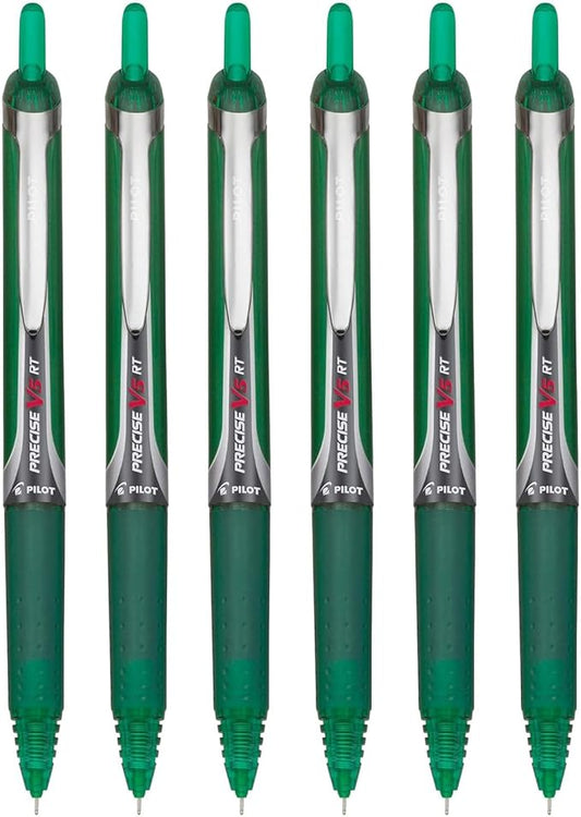 Precise V5 RT Retractable Rolling Ball Pens, Extra Fine Point (.5mm), Green Ink, 6-pk; Premium Comfort Grip, Bundle with Plastic Reusable Pouch