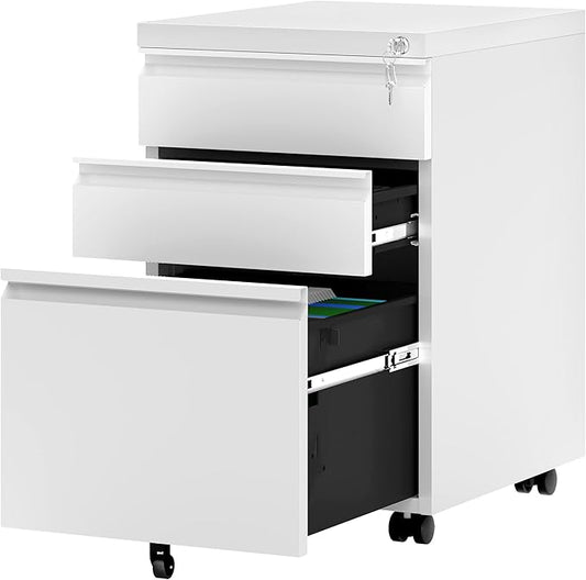 YITAHOME 3-Drawer Vertical File Cabinet, Mobile Metal Filing Cabinet with Lock for Legal/Letter Size, Pre-Built Office Storage File Cabinet Except Wheels Under Dese, White