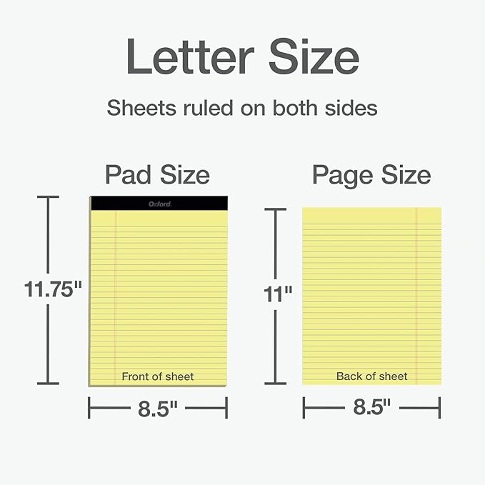 Oxford 8.5 x 11 Legal Pads, 12 Pack, Wide Ruled, Yellow Paper, 50 Sheets Per Writing Pad, Made in the USA (74020)