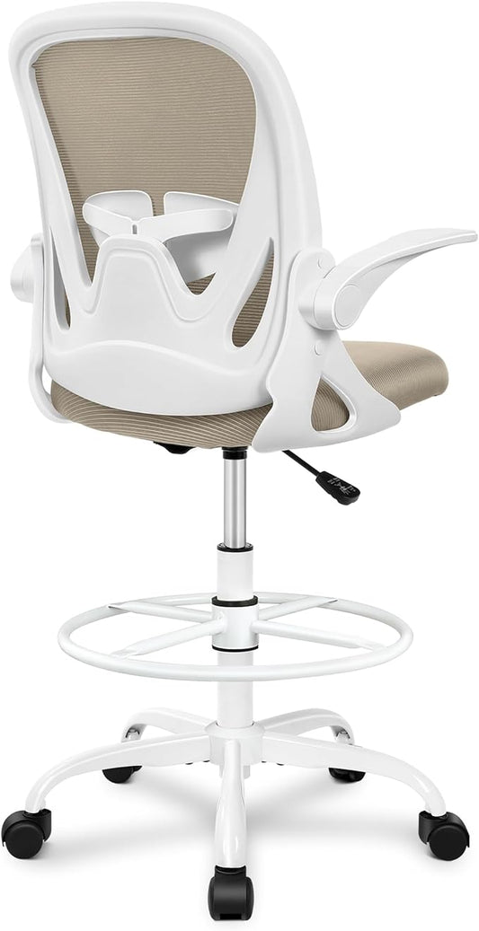 Primy Drafting Chair Tall Office Chair with Flip-up Armrests Executive Ergonomic Computer Standing Desk Chair with Lumbar Support and Adjustable Footrest Ring（Khaki）