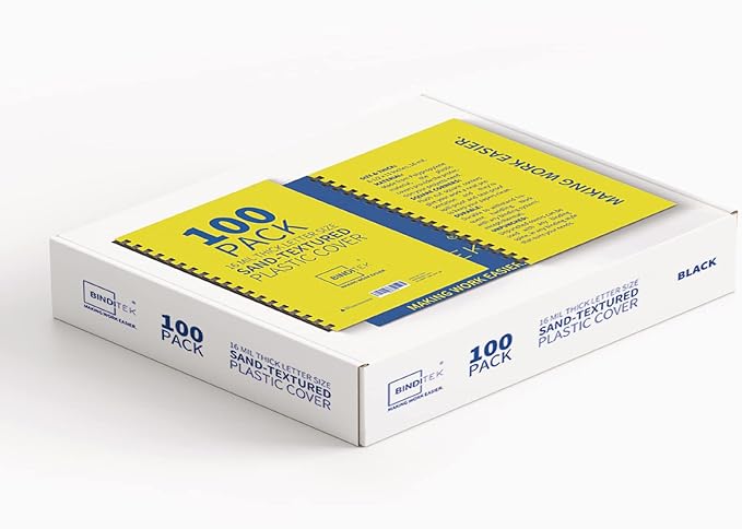 Binditek 100 Pack 16 Mil Sand-Textured Polycover - Plastic Binding Cover for Letter Size - Business Reports and Proposals - Lightly Sanded Finish - Square Corners, Un-Punched, Black