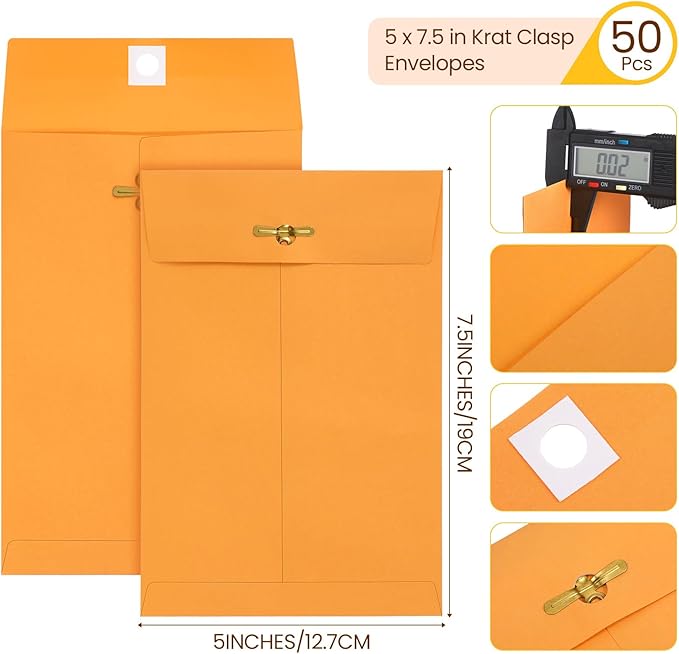 Teling 50 Pcs 5 x 7.5 Manilla Envelopes Clasp Kraft Catalog with Closure for Storing Mailing 28 lb Kraft Envelope Paper for Office Document School Business Home