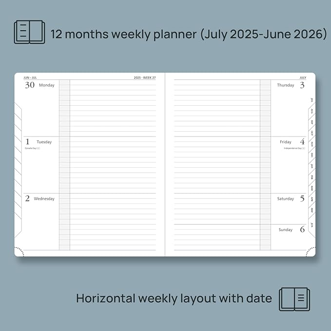POPRUN Planner 2025-2026 (Large 8.5''x 10.5''), Horizontal Weekly Notebook Jul.2025 - Jun.2026, Academic Appointment Book with Monthly Tabs, Leather Hardcover, Inner Pocket, 100 GSM - Aquamarine