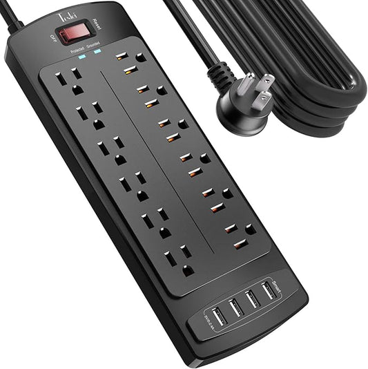 Power Strip, Tcstei Surge Protector with 12 Outlets and 4 USB Ports, 20 Feet Extension Cord (1875W/15A) for Home, Office, Dorm Essentials, 2700 Joules, ETL Listed, Black