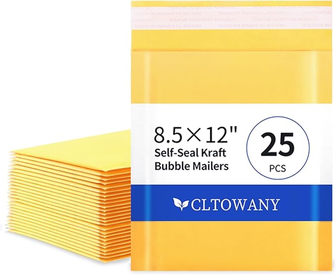Kraft Bubble Mailers 8.5×12' Inch 25 Pack Yellow shipping envelopes Self-Seal Padded Mailing Envelopes for Jewelry Makeup Supplies and Small Business Packaging