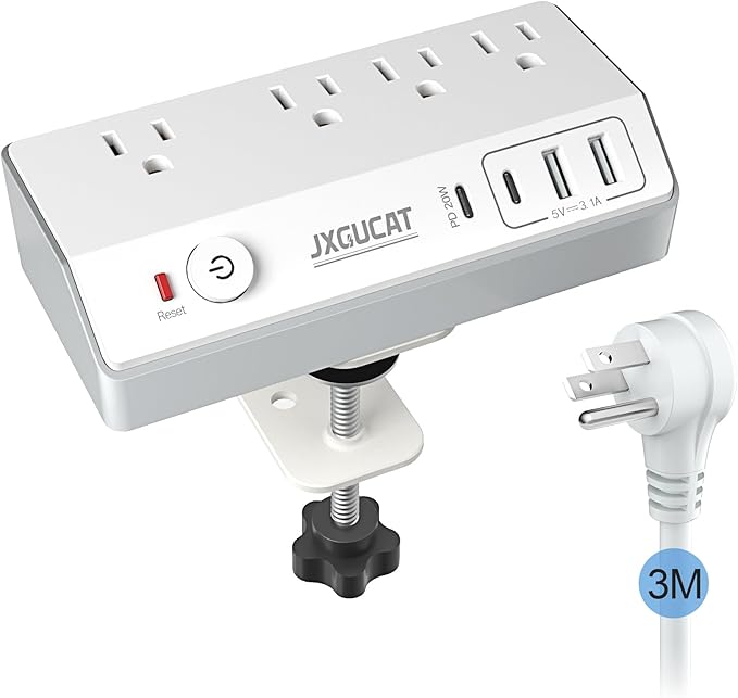 Desk Clamp Power Strip with USB C, JXGUCAT PD 20W Fast Charging Power Station, Removable Desk Clamp Mount Power Strip Surge Protector, 10 ft Cord with 4 Outlet 4 USB Ports, Fit 1.8" Tabletop Edge