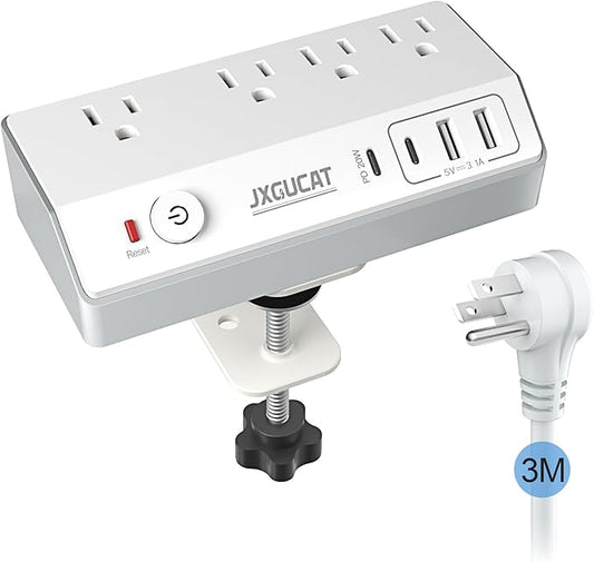 Desk Clamp Power Strip with USB C, JXGUCAT PD 20W Fast Charging Power Station, Removable Desk Clamp Mount Power Strip Surge Protector, 10 ft Cord with 4 Outlet 4 USB Ports, Fit 1.8" Tabletop Edge