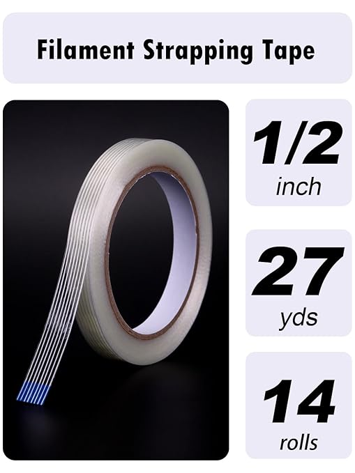 1/2 inch Mono Filament Strapping Tape, Heavy Duty Reinforced Filament Tape, Clear Fiberglass Reinforced Packing, (14 Rolls, 378yds Total)