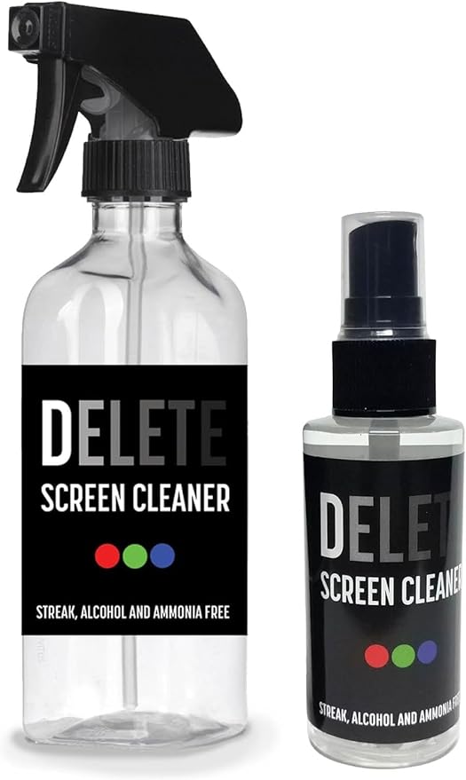 Delete Screen Cleaner Spray Kit, 2 Pack, 16oz and 2oz Bottle and 12"x12" Microfiber Cleaning Cloth, Streak-Free, Safe and Gentle Formula, Multi-Purpose for TVs, Computers, Monitors, Smart Phones
