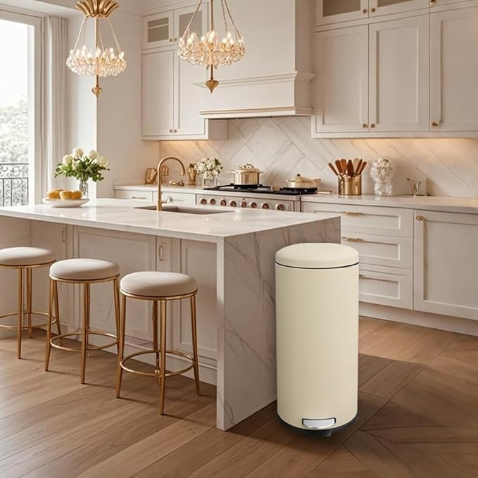 8 Gallon Trash Can, Tall Round Stainless Steel Garbage can with Removal Inner Liner, Soft Close lid, Step on Pedal Trash bin for Kitchen, Office, Living Room or Bathroom, Cream