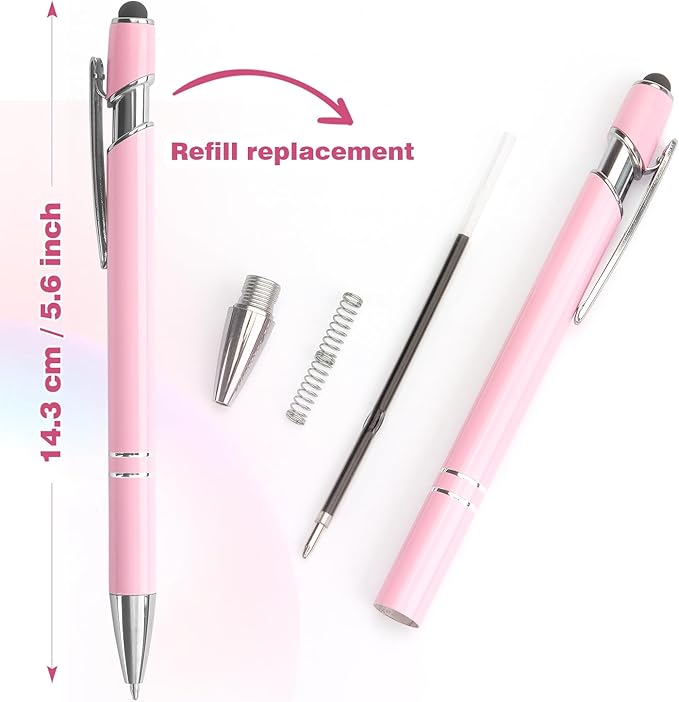 Ballpoint Pen 2-in-1 Stylus Retractable Ballpoint Pen with Stylus tip, Metal Stylus Pen for Touch Screens, 1.0 mm Black Ink (Pink)