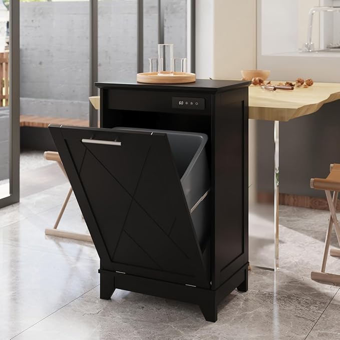 Tilt Out Trash Cabinet, Kitchen Trash Can Cabinet w/Negative ion and deodorizing Function, Dog Proof 10 Gallon Garbage Can Cabinet for Kitchen, Bathroom, Living Room, Black