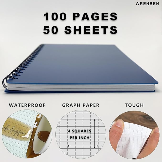 2PCS Waterproof Spiral Notebooks with Stone Paper and PVC Cover, Graph Pattern 100 Pages, 4.8"x7" Medium Size All-Weather Notepad for Outdoor Camping (4.8"x7", Black)