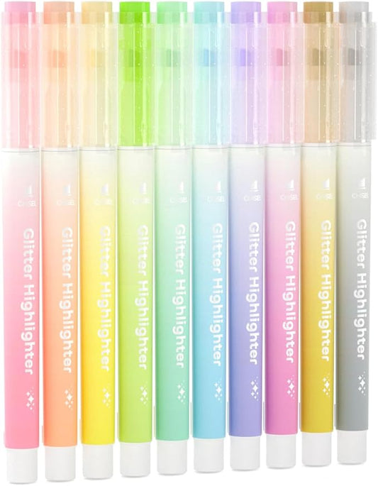 Glitter Highlighters, Shuttle Art 10 Sparkle Colors Chisel Tip Fluorescent Markers, Quick-Dry Non-Toxic Aesthetic Shimmer Highlighter Pens for Kids Teens Adults, Perfect for School Office Art Supplies