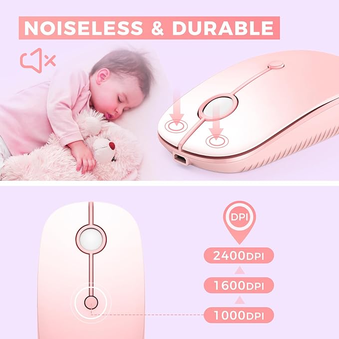 VssoPlor Type C Wireless Mouse, USB C MacBook Wireless Mouse Dual Mode 2.4G Cordless Mice with Nano USB and Type C Receiver Compatible with PC, Laptop, MacBook, ipad-Gradient Pink