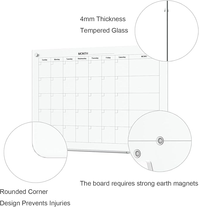 TOWON Tempered Glass Calendar Dry Erase Board for Wall, 3' x 2' Magnetic Whiteboard Calendar Planner for Office, Home, School Supplies, White, 36 x 24 Inches