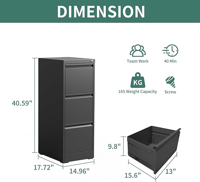 3 Drawer File Cabinet with Lock,Metal Vertical Filing Cabinets for Home Office,Heavy Duty File Storage Cabinet for Letter/Legal/A4/F4 Size File,Assembly Require (Black, Vertical 3 Drawer)
