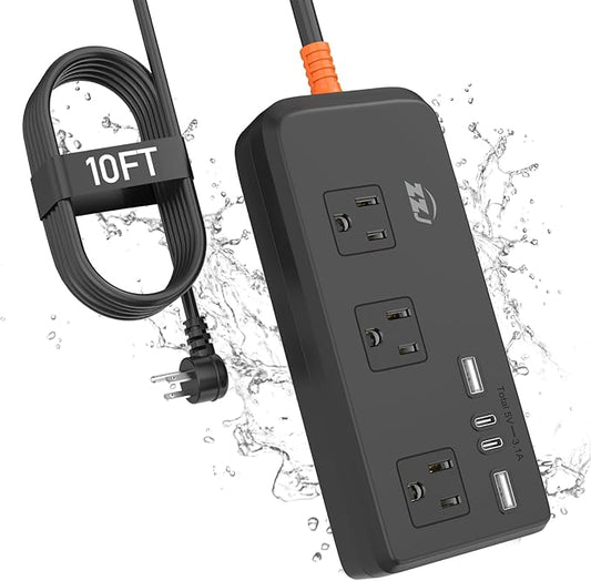 Power Strip Weatherproof, 7-in-1 Surge Protector with 3 Wide Outlets 2USB A and 2USB C,1875W/15A, 10FT Flat Plug Multi-Plug Outdoor Extension Cord for Indoor Outdoor, UL FCC Listed