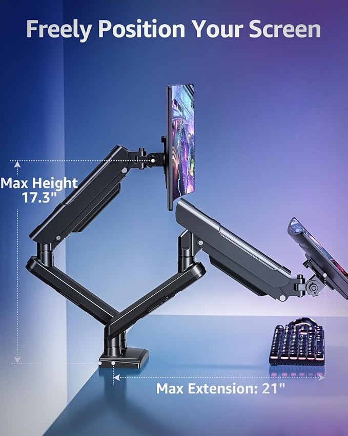 Dual Monitor Mount for 32 27 24 22inch Screens, Gas Spring Monitor Stand for 2 Monitor, Full Adjustable Monitors Desk Mount with C-Clamp＆Grommet Base, Each Arm Holds 4.4-22 lbs, Freelift Pro Black