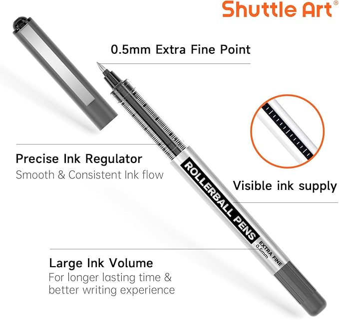 Shuttle Art RollerBall Pens, 50 Pack Black Fine Point Roller Ball Pens, 0.5mm Liquid Ink Pens for Writing Journaling Taking Notes School Office
