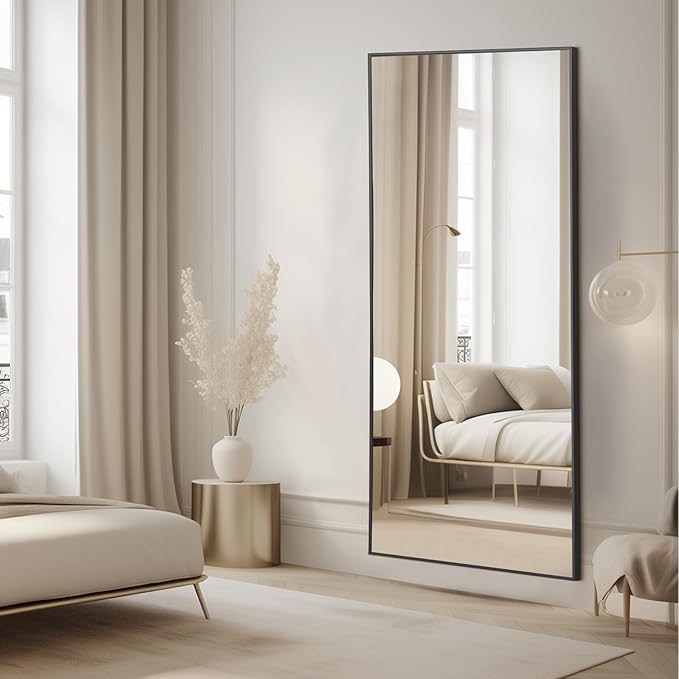 MELOMOIR 56"x18" Full Length Mirror, Floor Mirror with Stand Hanging or Leaning, Aluminum Alloy Frame Full Body Mirror for Bedroom Living Room Cloakroom Hallway, Wall Mirror Full Length, Black