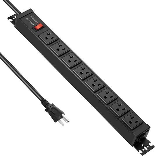 JUNNUJ 20 Amp Power Strip Surge Protector 4800J, Heavy Duty 8 Outlet Metal Multi Angle Mount, 20A Garage Power Strip Shop 6-20R T-Slot, 5-15P Plug 12 Gauge Extension Cord 6ft for Appliance