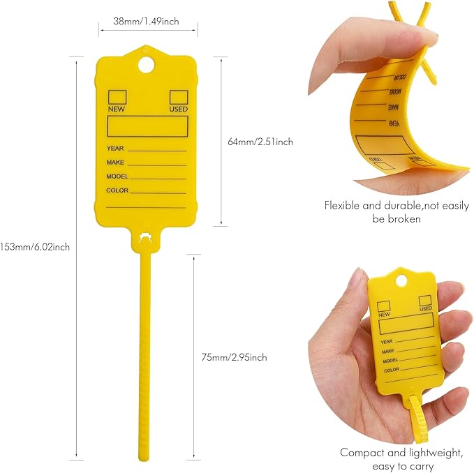 200 Car Key Tags with Labels Plastic Car Dealership Key Tags Self Locking Automotive Identifiers Blank Shop Labels with One Pen (Yellow)