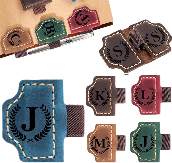 Custom Bookmark with Pen Holder with 26 Letters Personalized Magnetic Leather Book Mark, Customized Name Book Marker Clip with Initial for Men Women, Gifts for Book Lovers, Readers, (Blue, J)