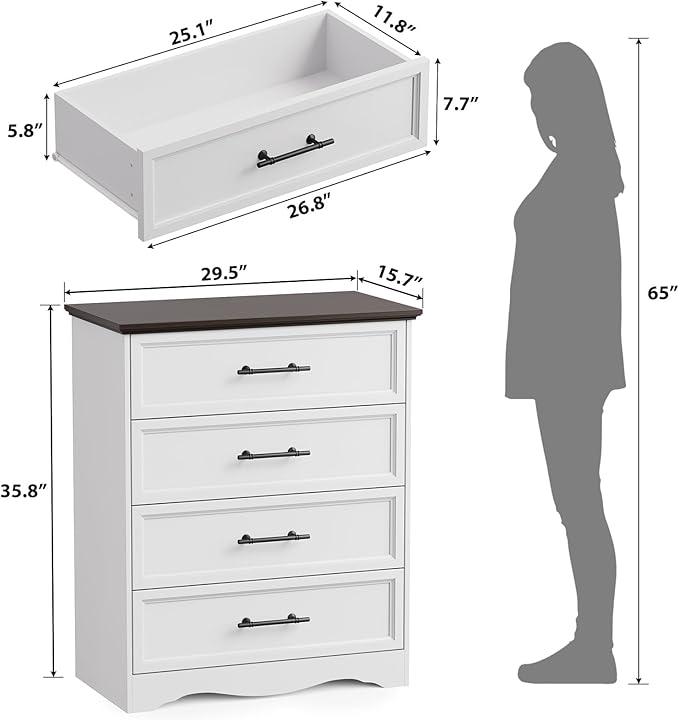 White Farmhouse Dresser for Bedroom, 36" Tall 4 Drawer Chest with Sleek Brushed Metal Handles, Modern Wood Storage Cabinet with Unique Base Design, Closet Organizer for Bedroom, Living Room, Hallway