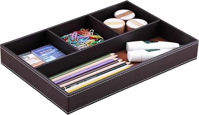 KINGFOM Pu Leather Desk Organizer Tray, 4 Compartment Office Storage Supplies Stationery Drawer Tray, Nightstand Bedside Tray for Key, Wallet, Watch, Coin, Phone Valet Tray Stackable