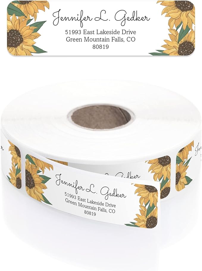 Illustrated Sunflower Rolled Address Labels/Roll of 250 Floral Garden Personalized Address Labels/Designer Return Address Stickers in Elegant Plastic Dispenser