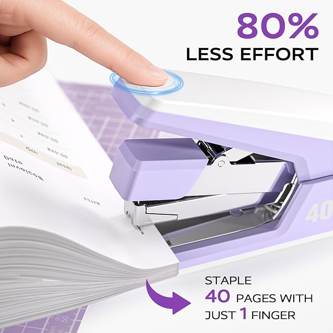 Effortless Stapler for Desk with 40-50 Sheet Capacity, 2000 Staples, 1-Touch Stapling, Ergonomic & Easy to Load Desktop Staplers, Heavy Duty Stapler, and Magnetic Staple Remover, Purple