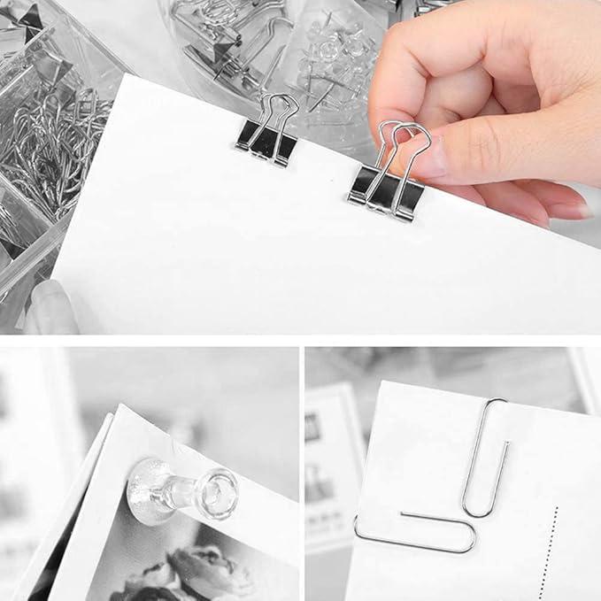 Silver Binder Clips and Paper Clips Push Pins Tacks Sets, Total 72 PCS Assorted Sizes Office Supplies Set for Women, Student, School, Home & Desk Supplies