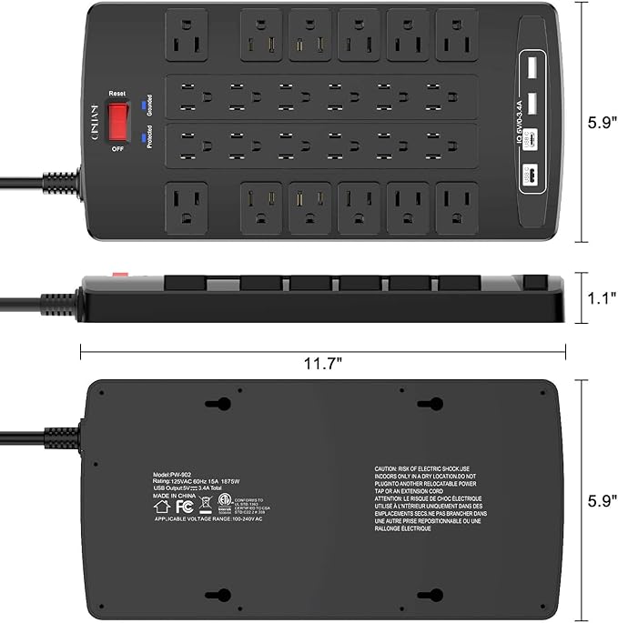 QINLIANF Surge Protector Power Strip - 15Ft Flat Plug Heavy Duty Extension Cord with 24 Outlets and 4 USB Ports(1 USB-C Ports), 1875W/15A, 4100J, for Home, Office, Dorm, ETL Listed, Black