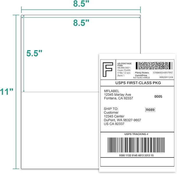 MFLABEL Half Sheet Shipping Labels 8.5x11 Inch - No Cut Needed! Self-Adhesive 8.5"x5.5" Labels for Laser/Inkjet (2000 Sheets = 4000 Labels) + Free 192 Fragile Stickers - FBA, UPS, FedEx