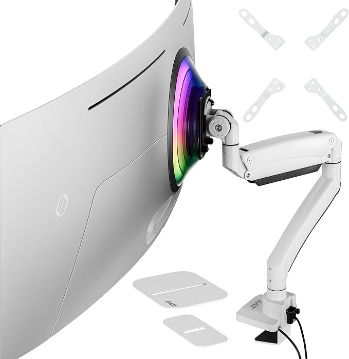 AVLT Single 17"-57" Super Ultrawide Monitor Arm for Screens Up to 59.5 lbs, Premium Aluminum Desk Stand, Adjustable Pneumatic Height, Full Motion Swivel Tilt Rotation, USB-C & USB-A Ports, White
