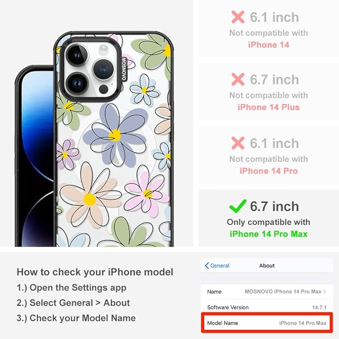 MOSNOVO Magnetic Case for iPhone 14 Pro Max, 10ft Military-Grade Protection, Compatible with Magsafe, Shockproof Phone Case for iPhone 14 Pro Max - Linear Blooms - Clear Black