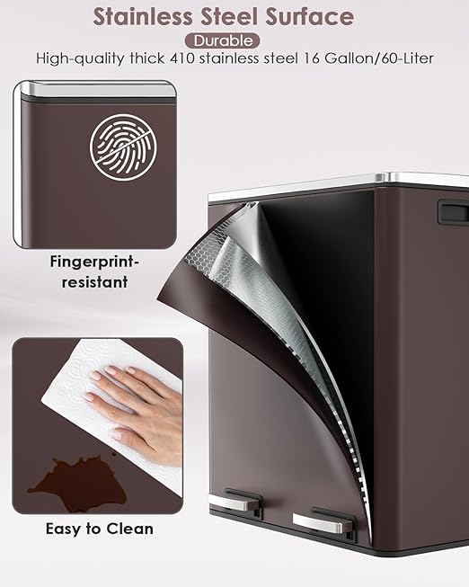 AthLike 60L(16 Gal) Dual Trash Can, Stainless Steel Kitchen Garbage Can, Double Compartment Classified Rubbish Bin, Recycle Dustbin w/Plastic Inner Buckets, Handle, Soft-Close Lid, Airtight, Brown