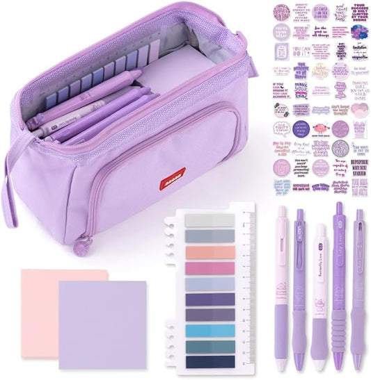 HVOMO Stationery Set,1 large-capacity pencil case,5 quick-drying pens,50 waterproof stickers,2 sticky note pads(200 sheets),1 set of 10-color index labels (200 sheets),Student stationery gift (Purple)