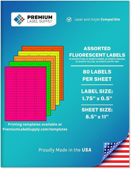 Premium Label Supply Bright Neon Color Fluorescent Sticker Labels - 1.75" x 0.5" Return Address Labels - (Assorted Fluorescent, 8000 Labels)
