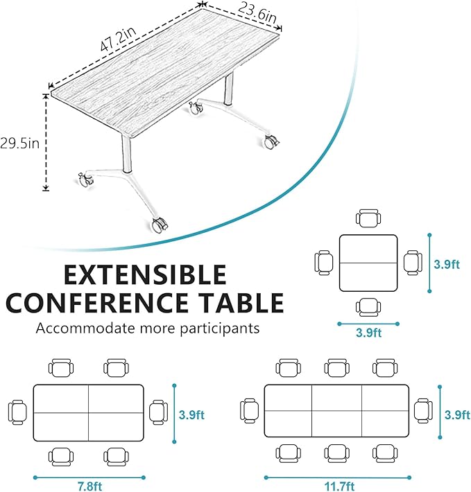 Conference Room Table, Folding Conference Tables,Thicken Grey Tabletop,Flip Top Wooden Seminar Meeting Room Table for Conference Room Offices (8, Black, 47.2“)