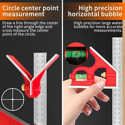 BAUSATZ Combination Square 400mm Carpenter Square Woodworking Square Ruler Protractor Angle Finder Combo Square Tool 180° Angle Ruler Carpenter Tool Combination Square Set with Bubble Level